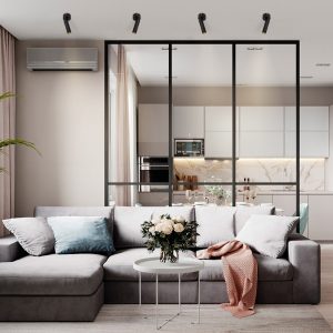 A imagem ilustra o Spot LED de Embutir BLET, integrado ao teto para oferecer uma iluminação discreta e eficiente na sala de estar. O design moderno e a luz direcional dos spots aprimoram a atmosfera do ambiente, realçando a decoração e proporcionando uma experiência visual confortável e aconchegante.