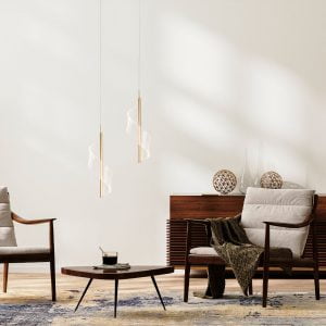 A imagem mostra o pendente led RUBAN 2 MÓD. da Nordecor, cujo design leve e contemporâneo adiciona uma elegância discreta à sala de estar.