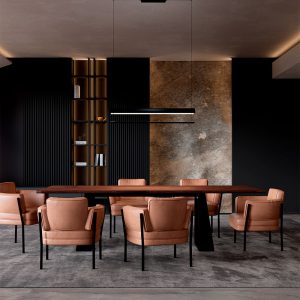A imagem apresenta o pendente LED Isi da Nordecor, que ilumina de maneira elegante a mesa de jantar, realçando o ambiente sofisticado e contemporâneo.