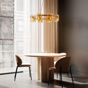 A imagem apresenta o Pendente BOUZE CIN 80CM da Nordecor, que se destaca no espaço com seu design circular e atraente. As luminárias pendentes criam um efeito visual dramático e uma iluminação acolhedora sobre a mesa de refeições, contribuindo para um ambiente convidativo e bem iluminado.