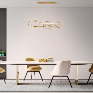 A imagem ressalta o pendente LED Jeda da Nordecor, situado como elemento central acima de uma mesa de jantar contemporânea, proporcionando uma luz suave e atraente ao espaço.