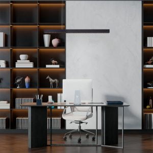 A imagem exibe o pendente led LYTA PRO da Nordecor, cuja iluminação direcional e design moderno aprimoram o ambiente funcional e esteticamente sofisticado de um escritório doméstico.