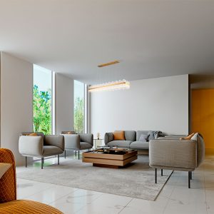 A imagem exibe o Pendente led LOWY RET. da Nordecor, que sobressai com sua forma retangular e design minimalista. O pendente combina harmoniosamente com o ambiente claro e espaçoso, oferecendo uma iluminação delicada que realça a área de estar com uma luz suave e acolhedora, complementando o estilo moderno e elegante da sala.