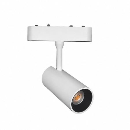 White ceiling-mounted track light fixture with a rectangular bar and a cylindrical spotlight.