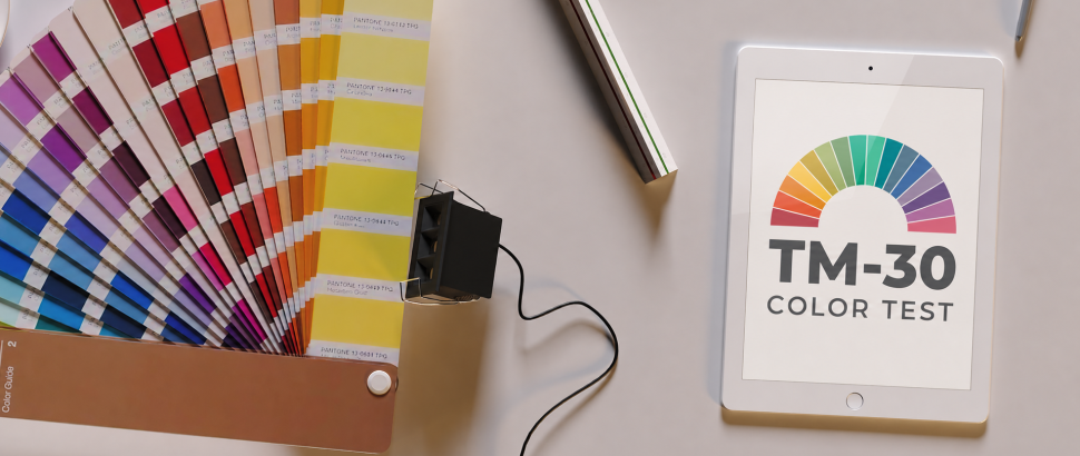 Color swatch fan deck with a color calibration device on a desk beside a tablet showing a TM-30 Color Test rainbow arc inside a white frame.