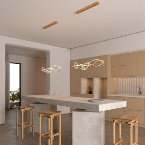 Modern kitchen with a concrete island, wooden stools, and sculptural pendant lightsed fixtures over a spacious island.