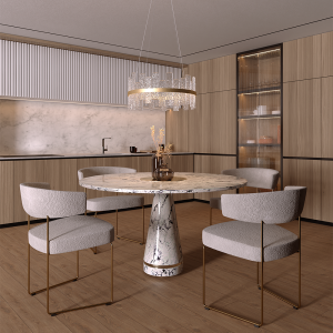 Modern kitchen dining area with a round marble table, four upholstered chairs, glass chandelier, and wood cabinets.