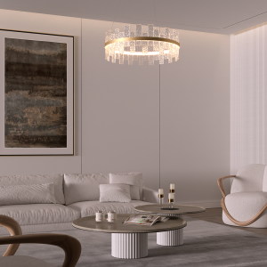 Modern living room with a beige sectional, round double coffee tables, and a crystal chandelier above.