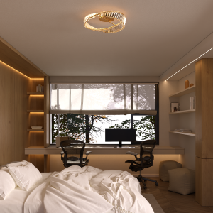 Modern bedroom with an integrated workspace: two desks by a large window, ergonomic chairs, a computer monitor, and a rumpled white bed in the foreground.