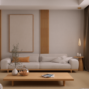 Cozy beige living room with a cream sofa, wooden coffee table, and minimalist art on the wall.