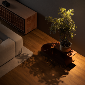 Overhead view of a modern living room corner with a wooden sideboard, beige sofa, and a potted tree casting shadows on the floor.