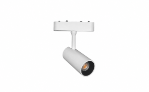 White ceiling track light with a single cylindrical spotlight