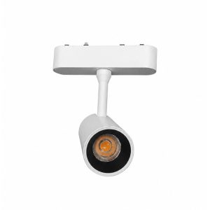 White ceiling-mounted track light with an adjustable cylindrical spotlight, directed downward.
