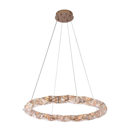O Pendente LED KAZY é uma obra-prima de design, meticulosamente concebido para elevar o ambiente com sua presença luminosa e decorativa. Este elegante pendente, disponível em diâmetros de 53cm e 80cm, ostenta um acabamento em ouro brilho que harmoniza perfeitamente com o cristal delicadamente cortado, capturando e refletindo a luz para criar um efeito visual deslumbrante. Sua silhueta contemporânea e a nobreza dos materiais transformam-no em um ícone de luxo e sofisticação, ideal para espaços que buscam combinar o alto padrão estético com a funcionalidade da iluminação moderna.