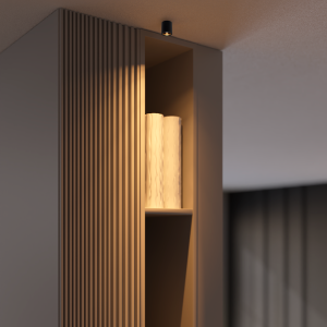 Spotlit niche with vertically slatted cabinet and a tall textured vase on a shelf in warm lighting