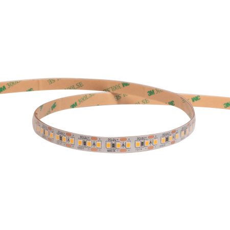 Flexible LED strip light coiled on a white background, showing small yellow LEDs and 3M adhesive backing.