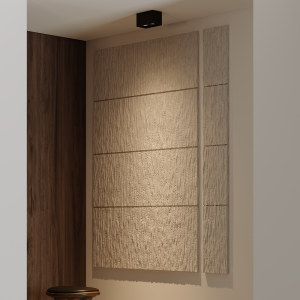 Beige textured wall panels arranged in a grid beside a dark wood accent wall.