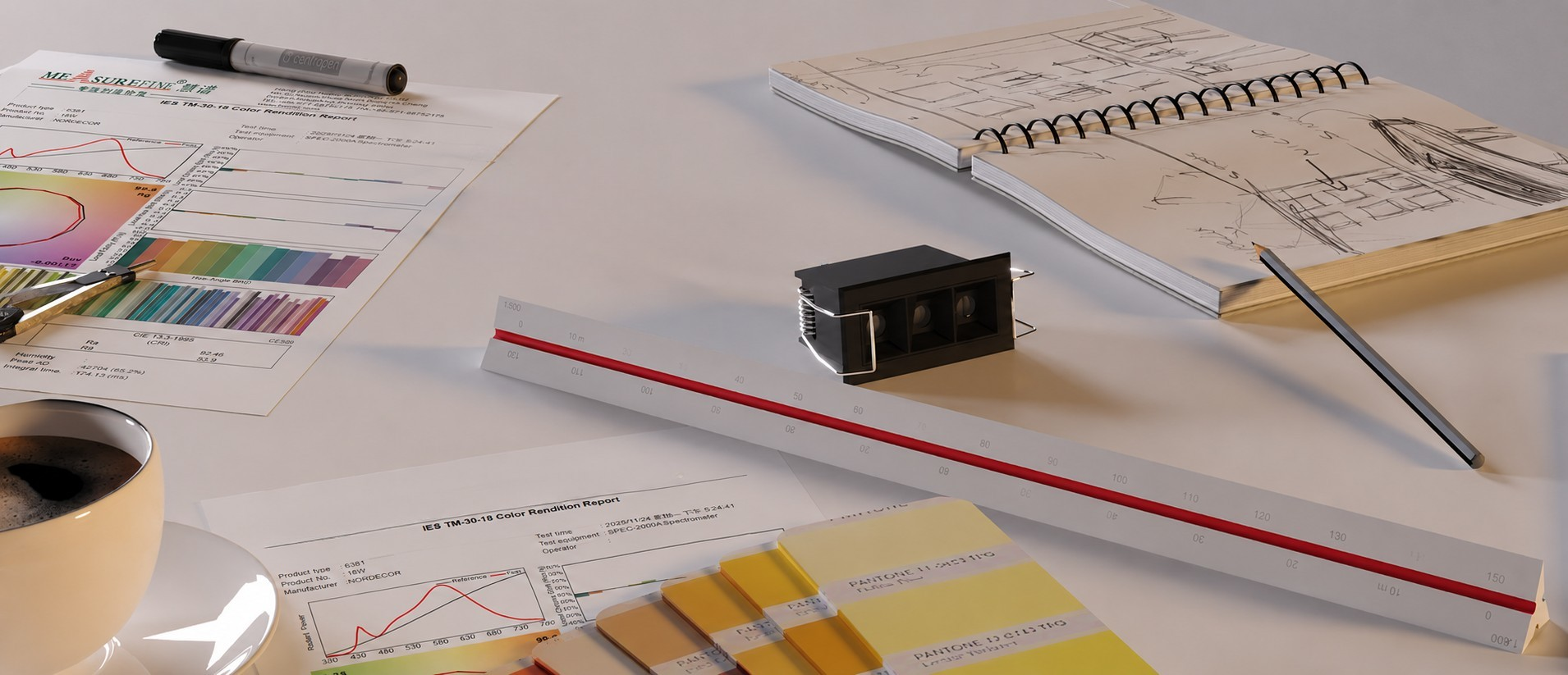 Designer’s desk with color charts, rulers, pencil, spiral sketchbook, and coffee cup on a white surface.