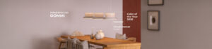 Wood dining table with three pendant LED lights above; soft beige wall and decorative vases, with text reading Pantone Color of the Year 2026 Cloud Dancer.