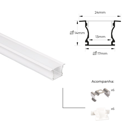 White LED strip channel extrusion with cross-section diagram and measurements (24 mm top, 17 mm bottom, 14 mm height, 13 mm inner width). Includes six metal mounting clips and six plastic mounting brackets.