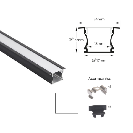 Aluminum extrusion with cross-section: 24 mm wide, 14 mm tall, inner channel 13 mm; bottom flange 17 mm. Supplied with six metal clips and six black end caps.