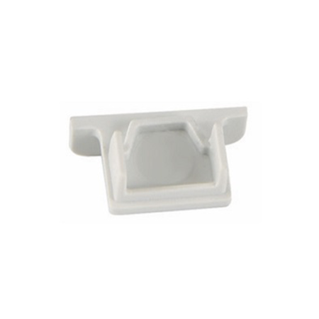 White plastic recessed cabinet/drawer pull handle shown from a side angle