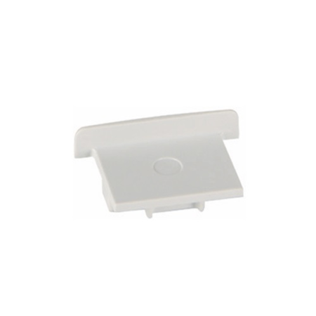 White plastic clip or mounting bracket with a vertical lip and a circular impression on the angled face, likely used to snap onto a panel or cable.