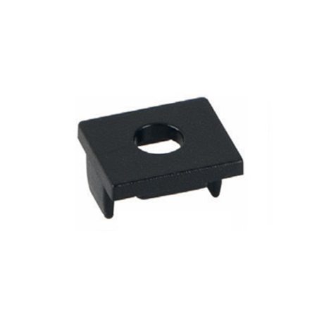Small black plastic mounting bracket featuring a central circular hole and low side prongs.
