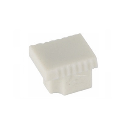White plastic connector/housing component with a ribbed top and hollow underside; small electronic or mechanical clip-like part