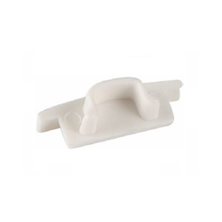 White plastic mounting clip with a curved hook used to secure a cable or tube, shown at an angle