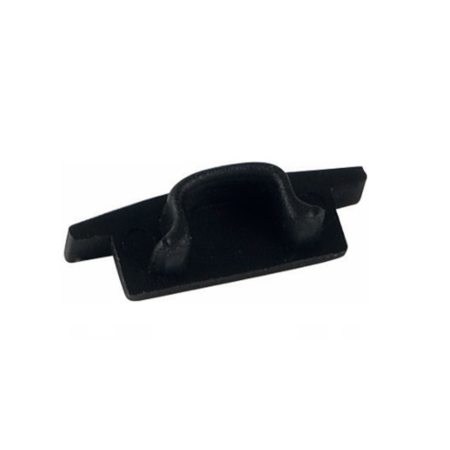 Black plastic mounting clip with a central U-shaped cradle, likely for securing a cable or wire