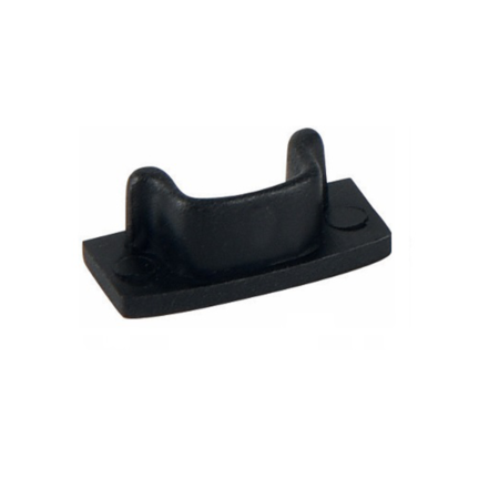 Black plastic push-in clip with a U-shaped cradle on a flat base, used to hold cables or tubing.