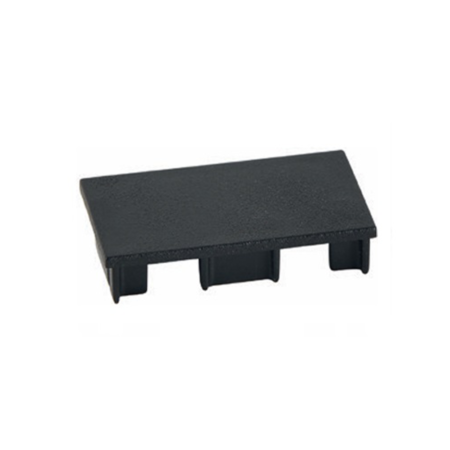 Black plastic clip/cover with three underside tabs, used as a mounting spacer in electronics.