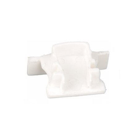White plastic mounting clip with side flanges, viewed from the side (small fastener)