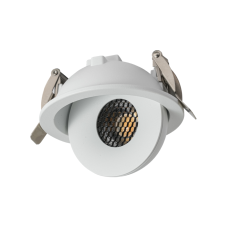 White recessed ceiling downlight fixture with a round trim and spring clips in place