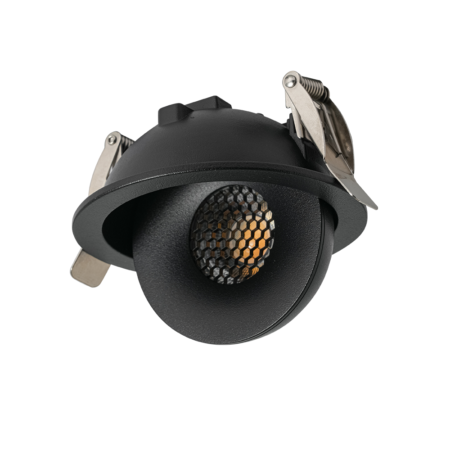 Black recessed downlight housing with honeycomb grille and metal spring clips for ceiling installation