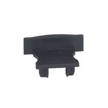Small black plastic mounting clip with two tab-like projections on the bottom under-side edge.