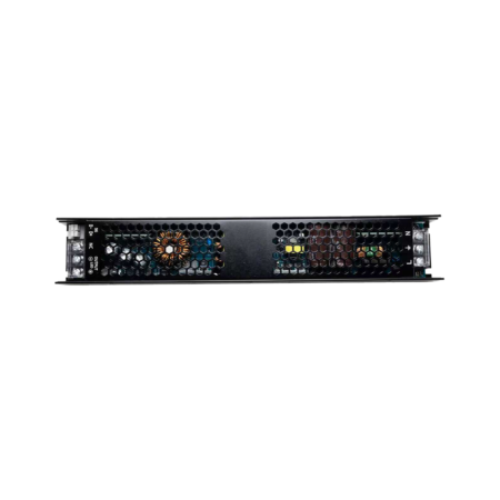 Single hot-swappable server power supply module with a perforated metal casing and end connectors