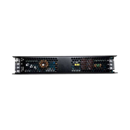 Inline server power supply with hexagonal vent grid and visible electronics behind the grille, viewed from the side, black metal case.] 1