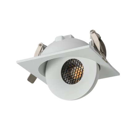 White recessed ceiling downlight with square trim and a round LED housing embedded in the ceiling fixture