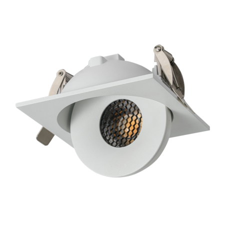 White recessed ceiling downlight with square trim and a round LED housing embedded in the ceiling fixture