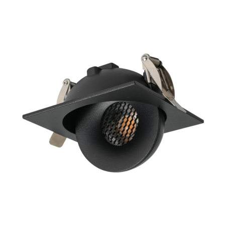 Black square-trim recessed downlight fixture with an adjustable bulb and mounting clips, shown from the side.
