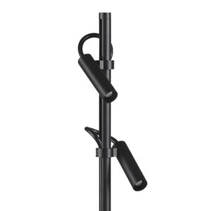 Black photography lighting stand with two adjustable cylindrical lamps mounted on a central pole.
