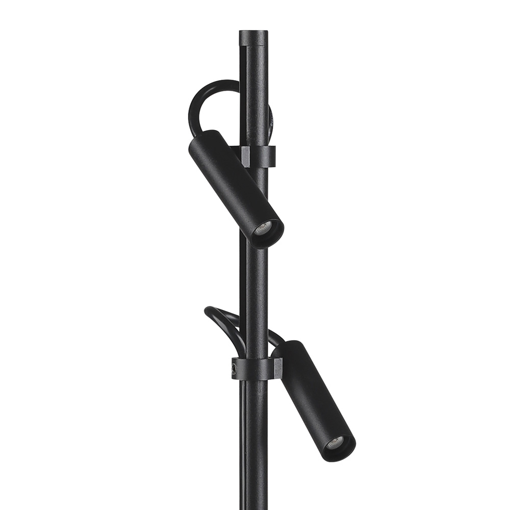 Black photography lighting stand with two adjustable cylindrical lamps mounted on a central pole.