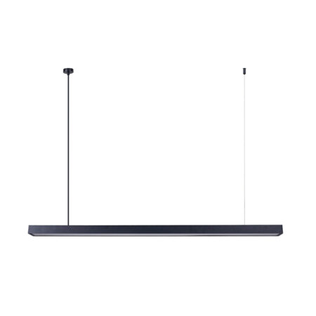 Two-cable pendant light: a long dark rectangular LED fixture suspended from a black cord on the left and a light-gray cord on the right against a white background.
