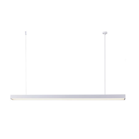 Long rectangular white pendant light hanging from two ceiling cables, with a glow along the underside.